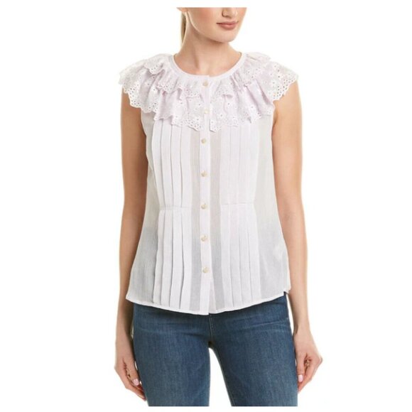 Rebecca Taylor Dree Cotton Silk Ruffle Top Womens 10 Pink Eyelet Sleeveless - Picture 6 of 8